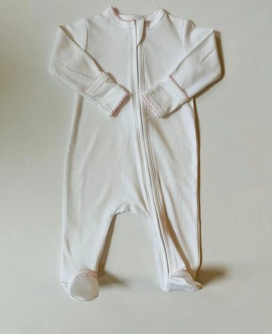 Stroller Society Pima Cotton Zipper Footies Infant Apparel in White with Baby Pink Picot Trim - Onesies photo