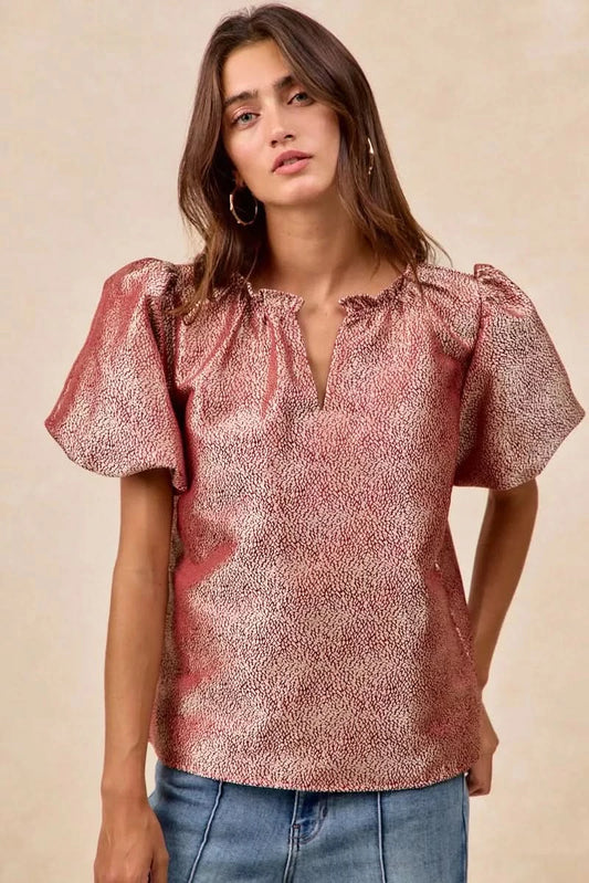 BiBi Jacquard Woven Short Balloon Sleeves V Neck Top in RED - photo