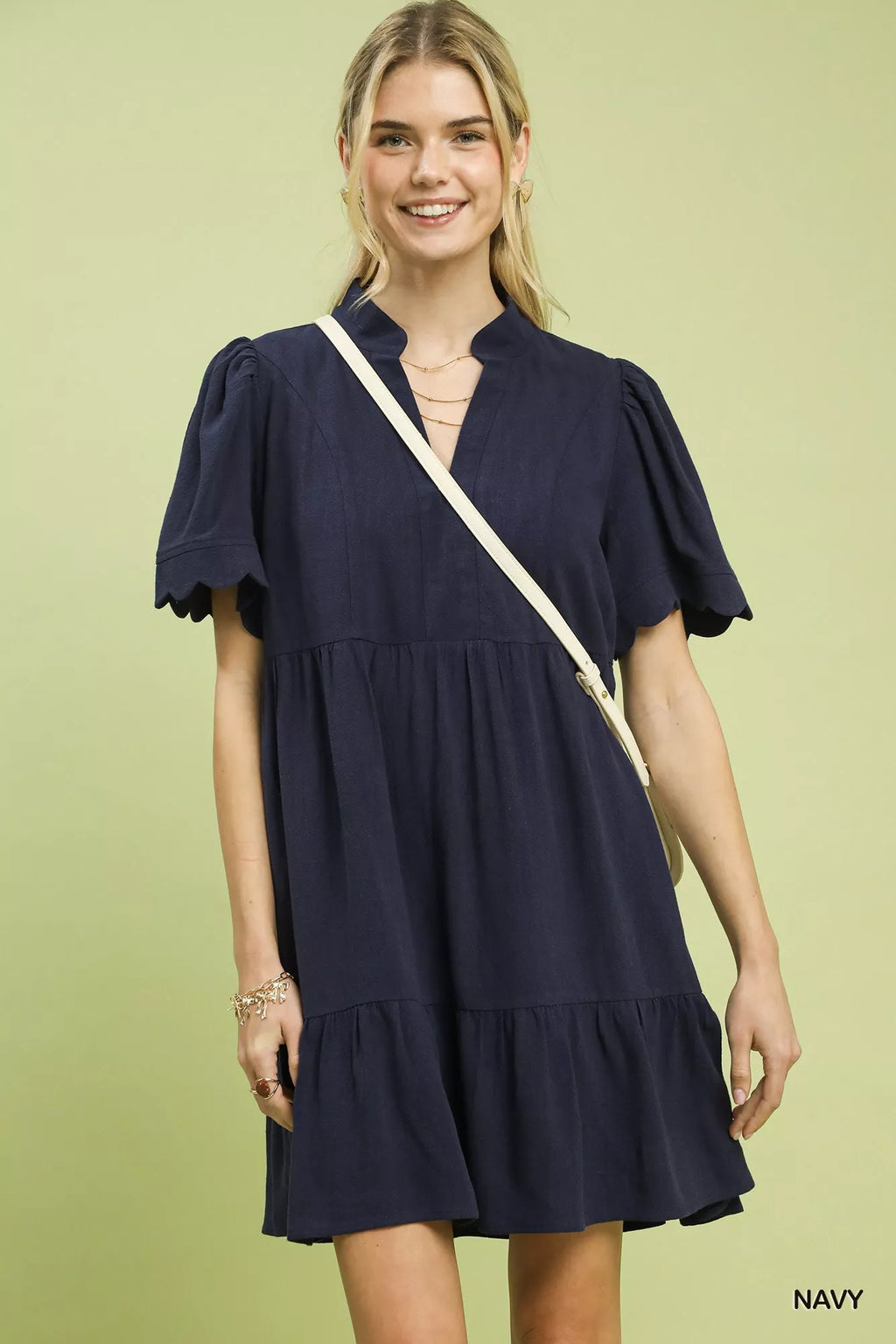 Umgee Linen Tiered Babydoll Dress with Scalloped Sleeves in NAVY - photo