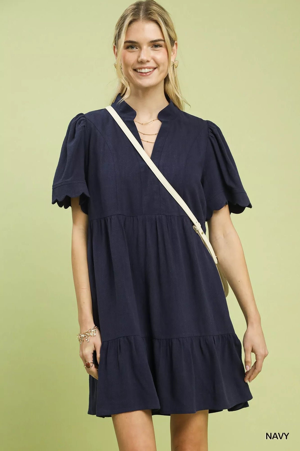 Umgee Linen Tiered Babydoll Dress with Scalloped Sleeves in NAVY - photo