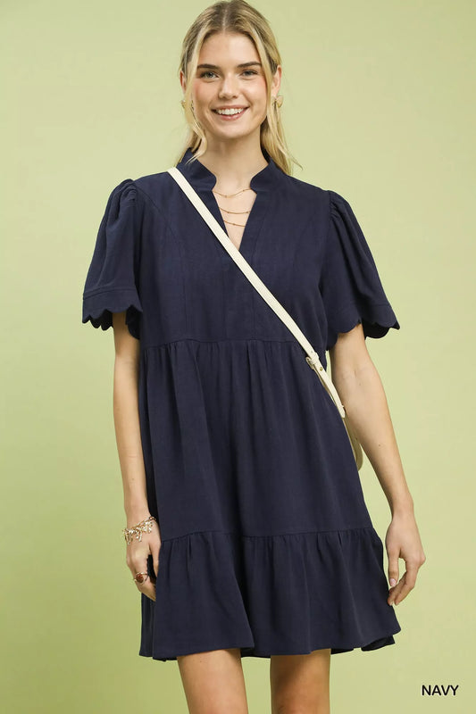 Umgee Linen Tiered Babydoll Dress with Scalloped Sleeves in NAVY - photo