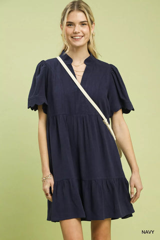 Umgee Linen Tiered Babydoll Dress with Scalloped Sleeves in NAVY - photo