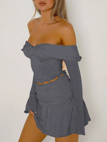 Devine Twisted Ruffled Off-Shoulder Long Sleeve T-Shirt in - tops photo