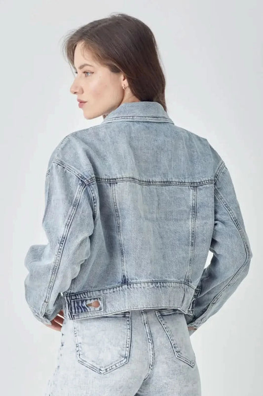 RISEN Full Size Button Down Cropped Denim Jacket in - photo