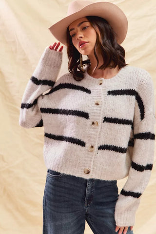SO ME Stripe Soft Touch Button Cozy Sweater Cardigan in - photo