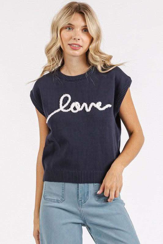 Mittoshop Contrast Letter Round Neck Cap Sleeve Knit Top in Dark Navy - photo