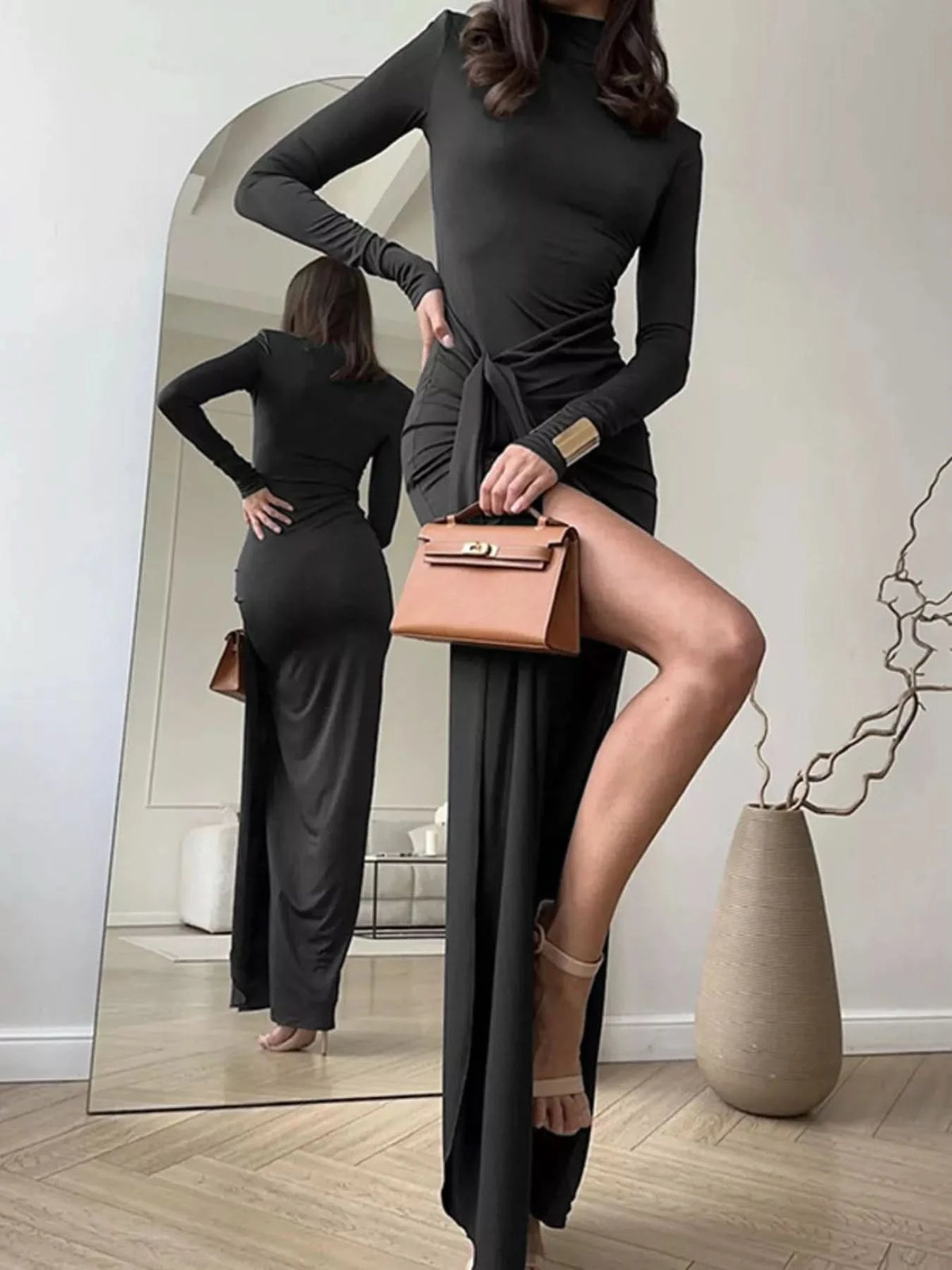 high neck black long sleeve dress Women's Dress Sculpt Mock Neck NW by Naked Wardrobe, Black / L