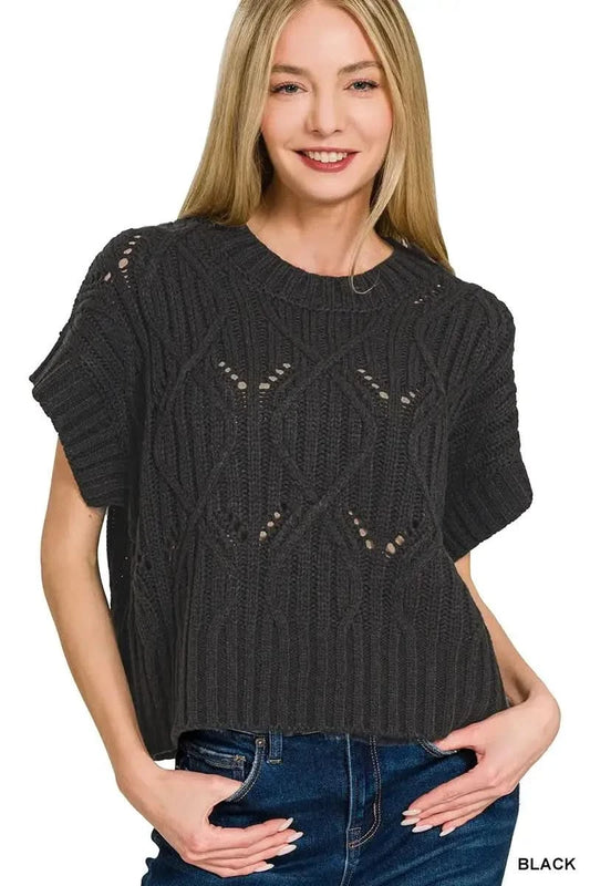 Zenana Cable Knit Short Sleeve Sweater in BLACK - photo