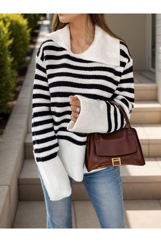Sonia Striped Collared Neck Long Sleeve Sweater