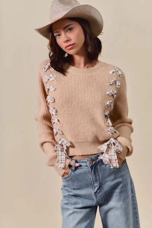 SO ME Checkered Plaid Tape Lace Up Ribbed Sweater in TAUPE - photo