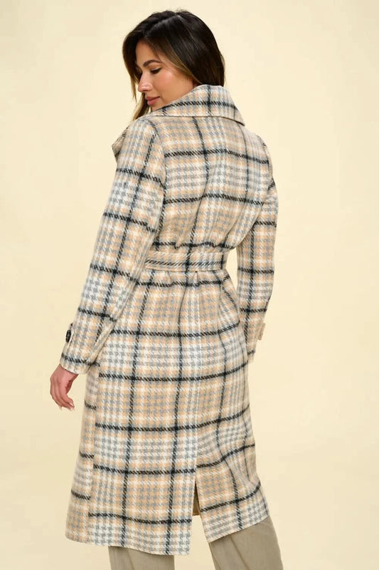Coalition LA Double-Breasted Plaid Coat with Belt in - photo