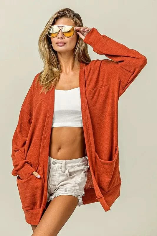 BiBi Open Front Drop Shoulder Cardigan with Pockets in Orange-Red - photo