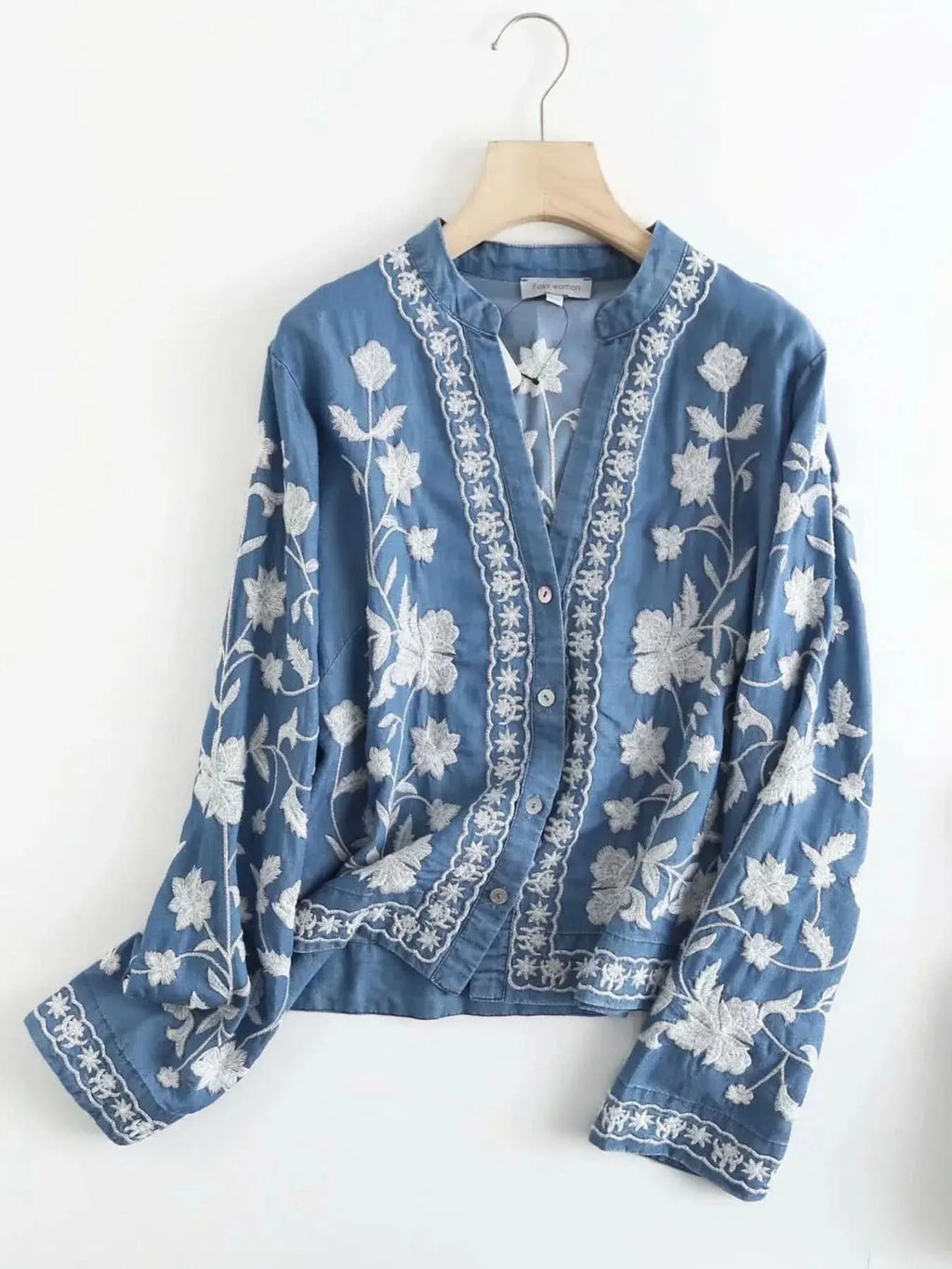 Floral Embroidered Button Up Denim Shirt - SwagglyLife Home & Fashion