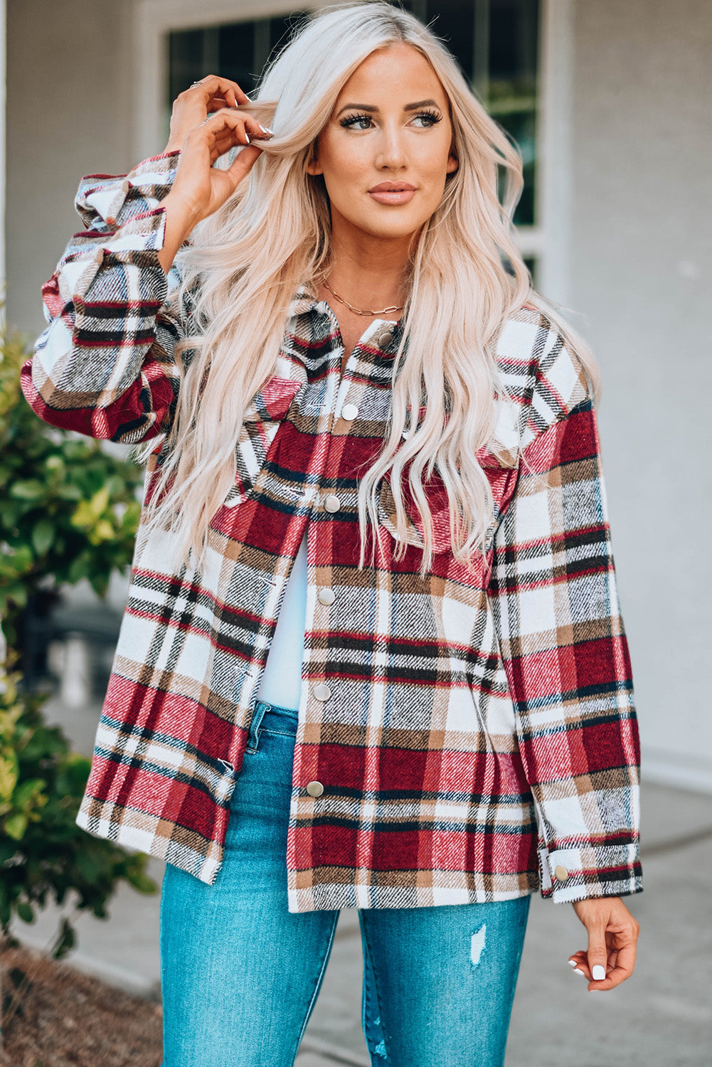 Plaid Button Front Shirt Jacket with Breast Pockets in Red - photo