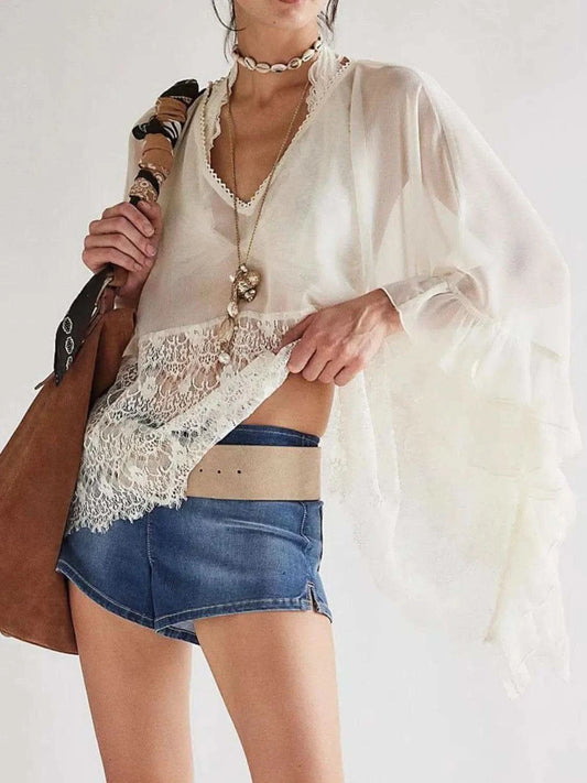 Lace V-Neck Ruffle Long Sleeve Cover-Up in - photo