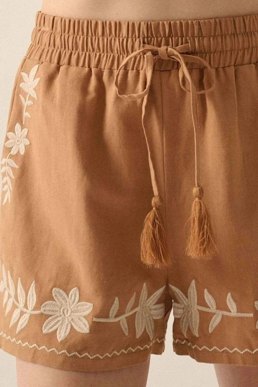 Embroidered Boho Tasseled Drawstring Elastic Waist Casual Shorts - SwagglyLife Home & Fashion