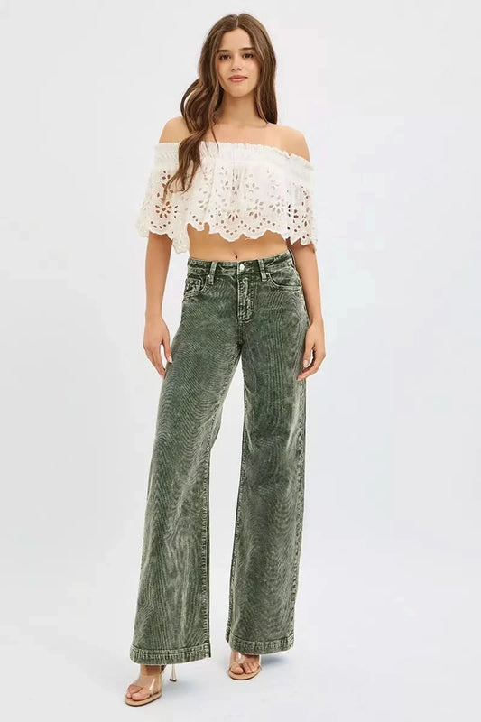 RISEN Full Size High Rise Wide Leg Corduroy Jeans Plus Size in FOREST - photo