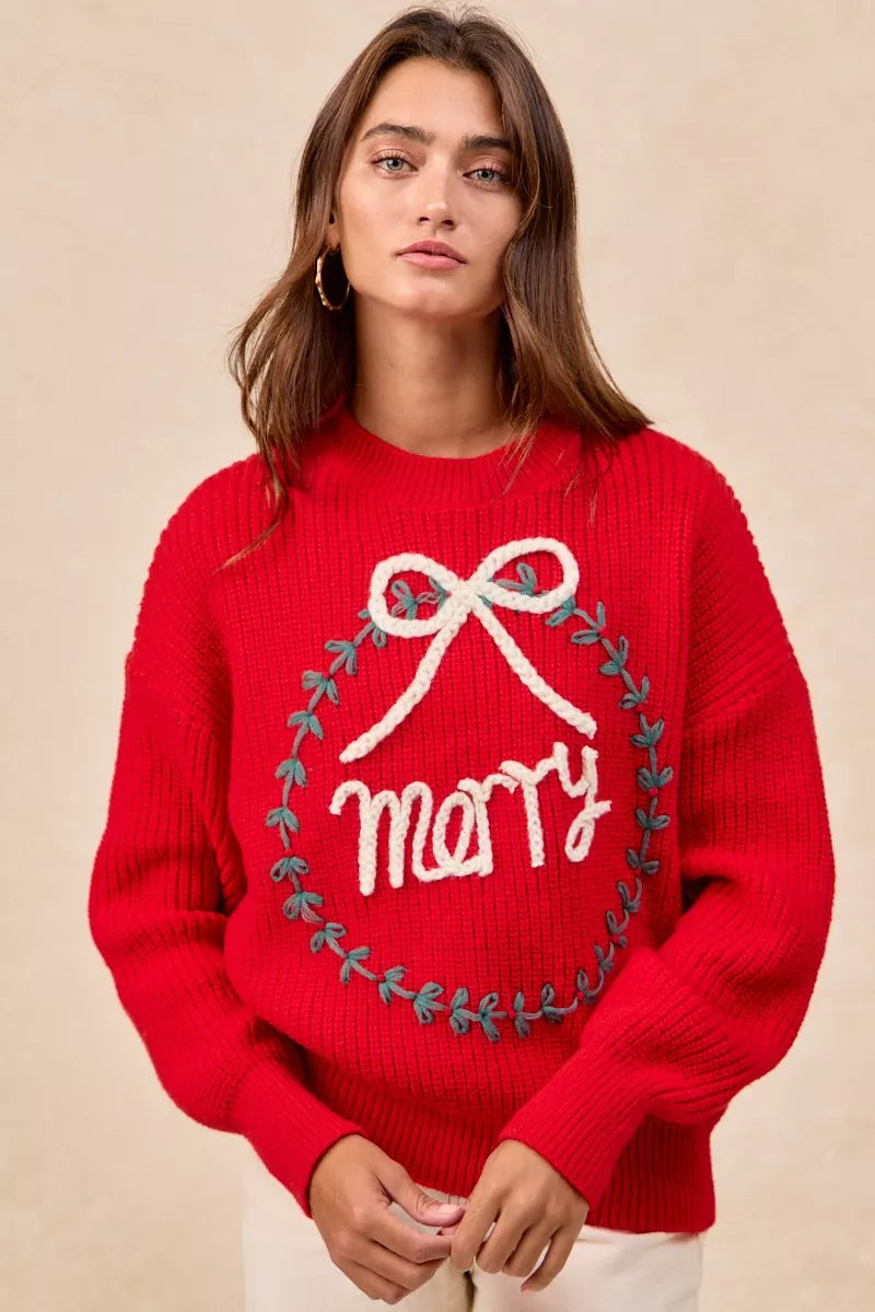 BiBi Christmas Wreath Merry Letter Knit Top in - photo