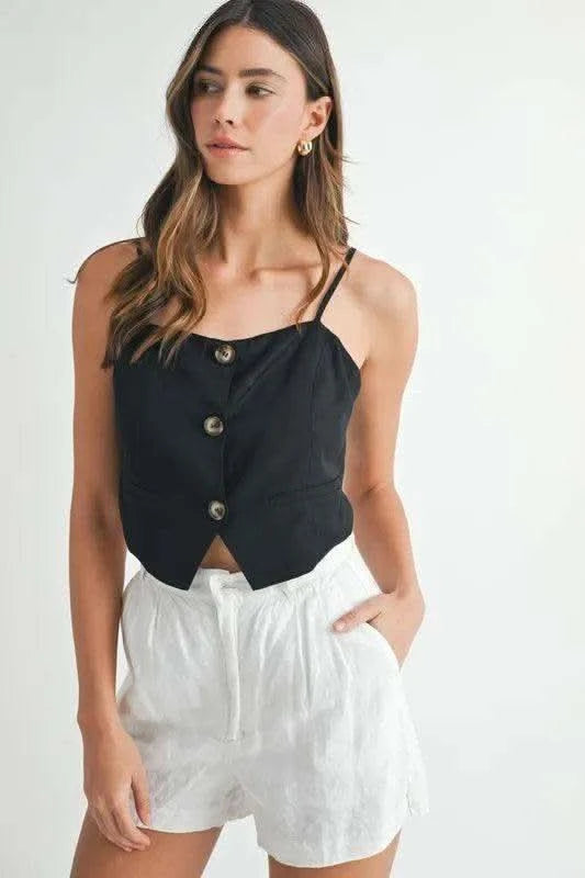 MABLE Linen Mix Button Down Tank Top in Black - photo