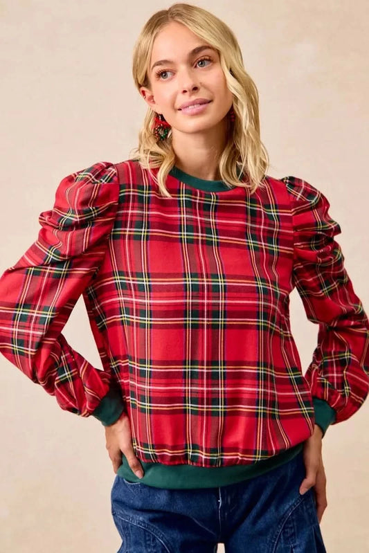 BiBi Christmas Plaid Exaggerated Shoulder Sleeves Top in - photo