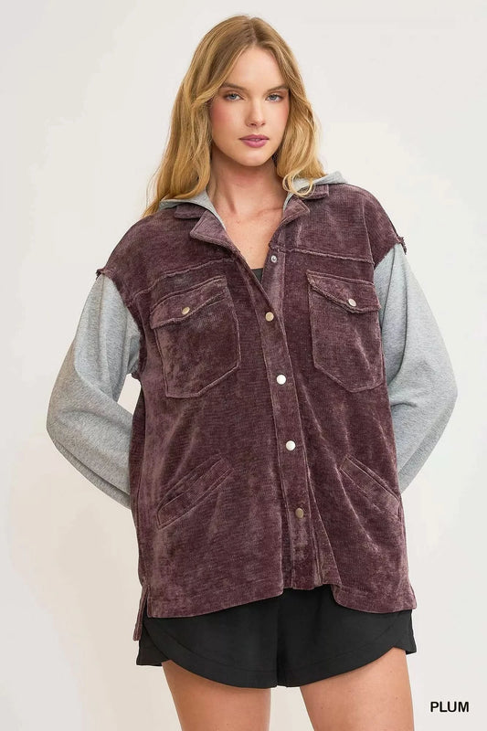 Umgee Contrast Hooded Chenille Jacket in PLUM - photo