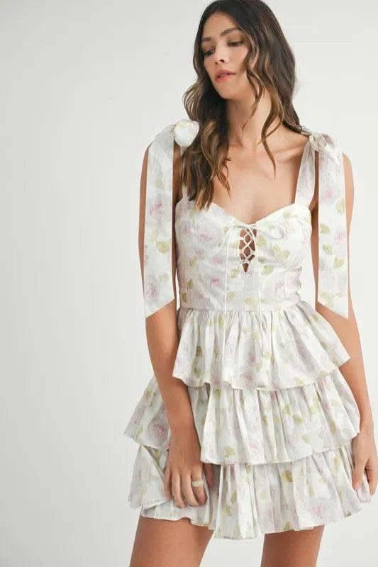 MABLE Floral Print Shoulder Tie Layered Mini Dress in - photo