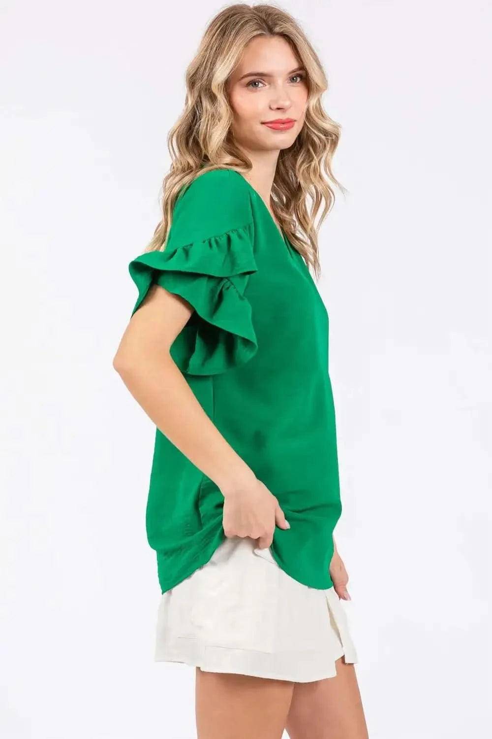 GeeGee Ruffled Short Sleeve V-Neck Blouse - SwagglyLife Home & Fashion