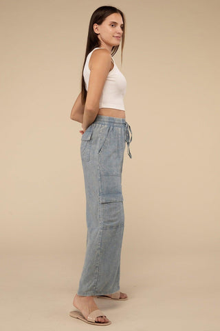 ZENANA Washed Linen Elastic Band Waist Cargo Pants