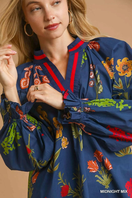 Umgee Floral Print Flounce Sleeve Blouse in - photo