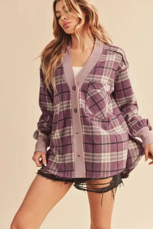 Aemi + Co Side Slit Patch Pocket Plaid Button Down Jacket in - photo