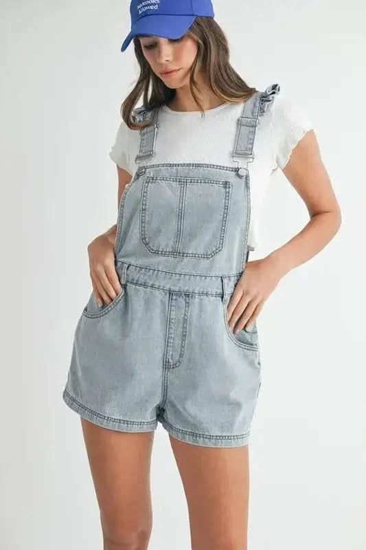 MABLE Square Neck Ruffle Shoulder Denim Overall Romper in Lt Denim - photo