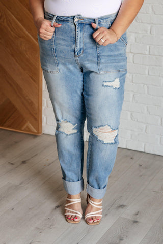 Aiden High Rise Patch Pocket Distressed Boyfriend Jeans - SwagglyLife Home & Fashion