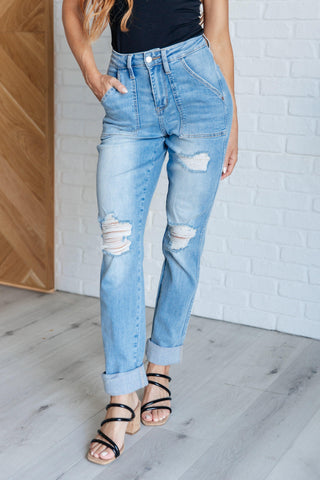 Aiden High Rise Patch Pocket Distressed Boyfriend Jeans - SwagglyLife Home & Fashion