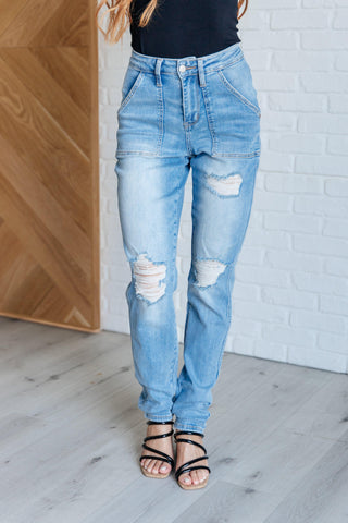 Aiden High Rise Patch Pocket Distressed Boyfriend Jeans - SwagglyLife Home & Fashion