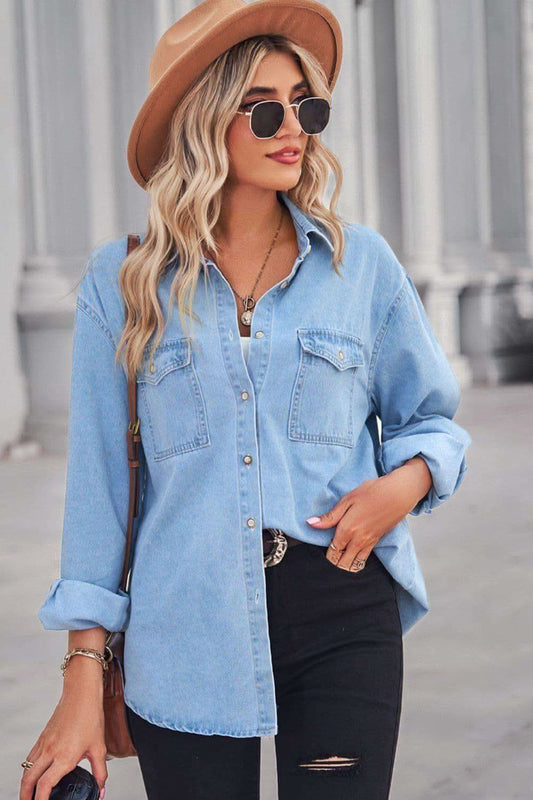Collared Neck Dropped Shoulder Denim Top in - Shirts & Tops photo