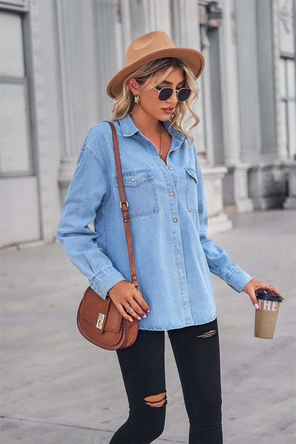 Collared Neck Dropped Shoulder Denim Top, Multiple Colors - SwagglyLife Home & Fashion