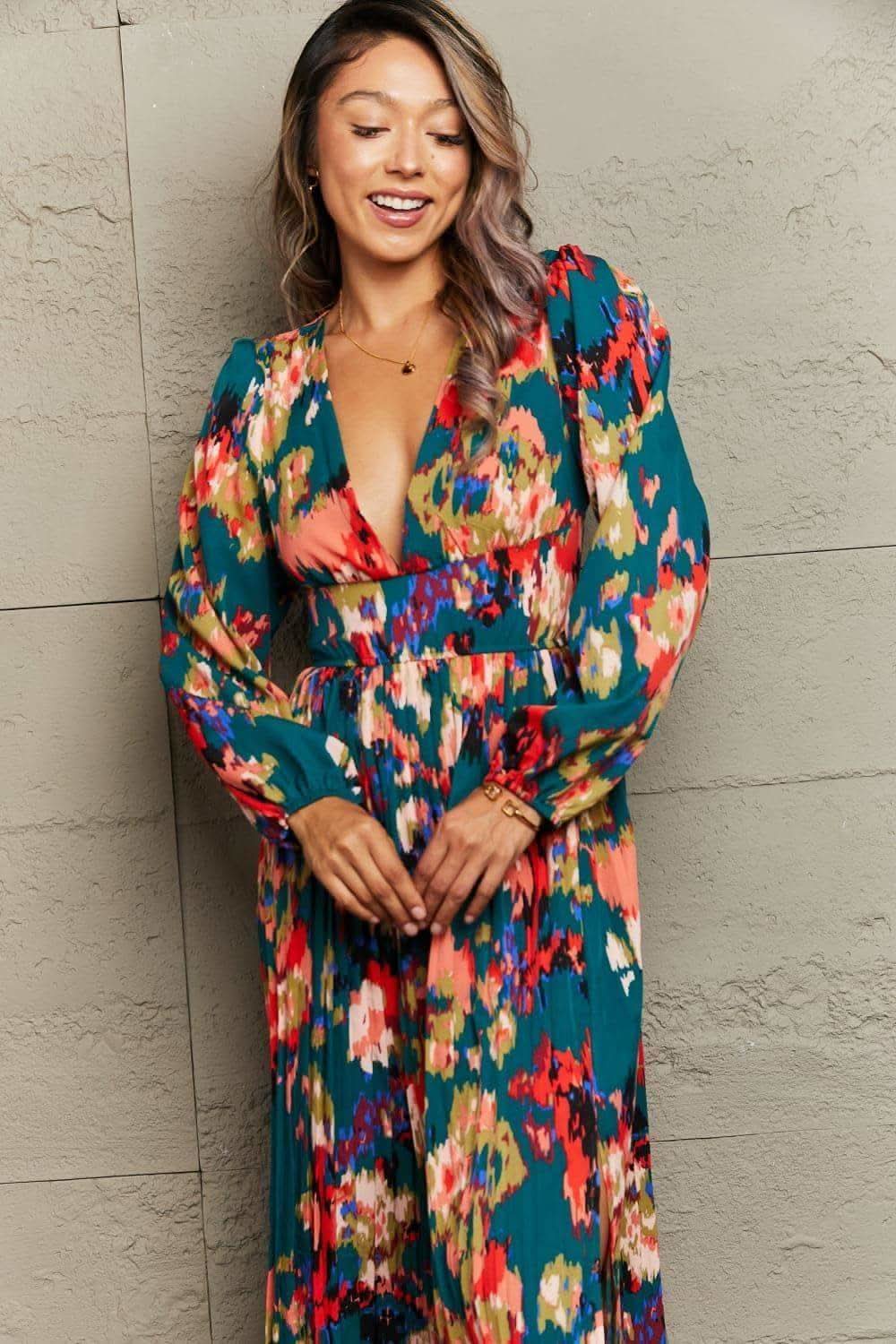 Amelia Printed Deep V Slit Pleated Maxi Dress - SwagglyLife Home & Fashion