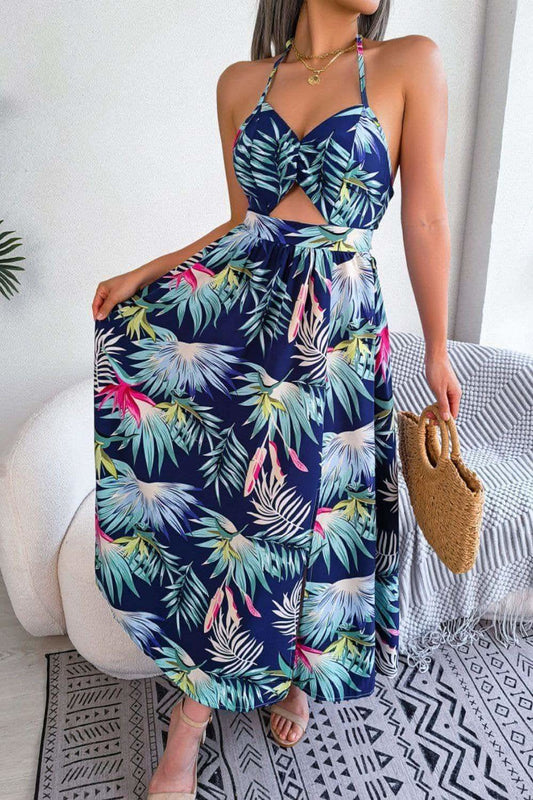Andrea Botanical Print Tied Backless Cutout Slit Dress in Peacock Blue - Dresses photo