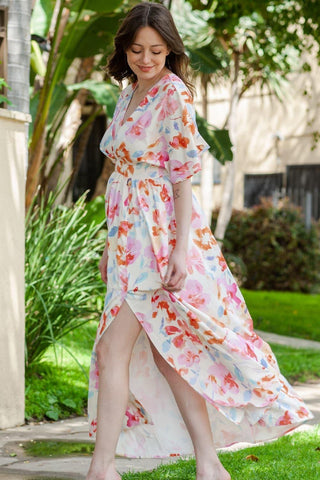 Andrea Floral Deep V Slit Maxi Dress - SwagglyLife Home & Fashion
