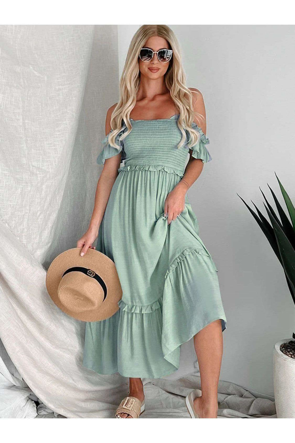 Andrea Frill Smocked Off-Shoulder Ruffle Sleeve Dress - SwagglyLife Home & Fashion