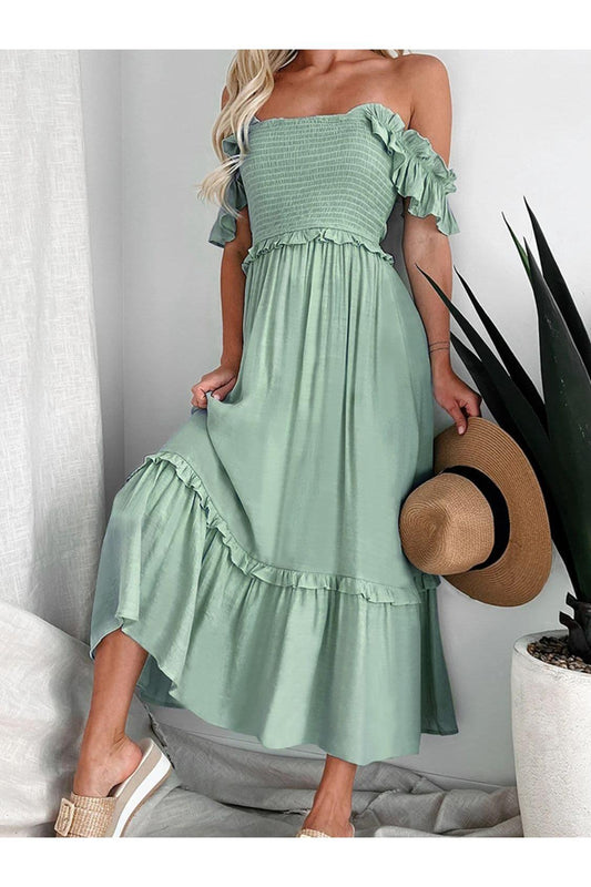 Andrea Frill Smocked Off-Shoulder Ruffle Sleeve Dress - SwagglyLife Home & Fashion