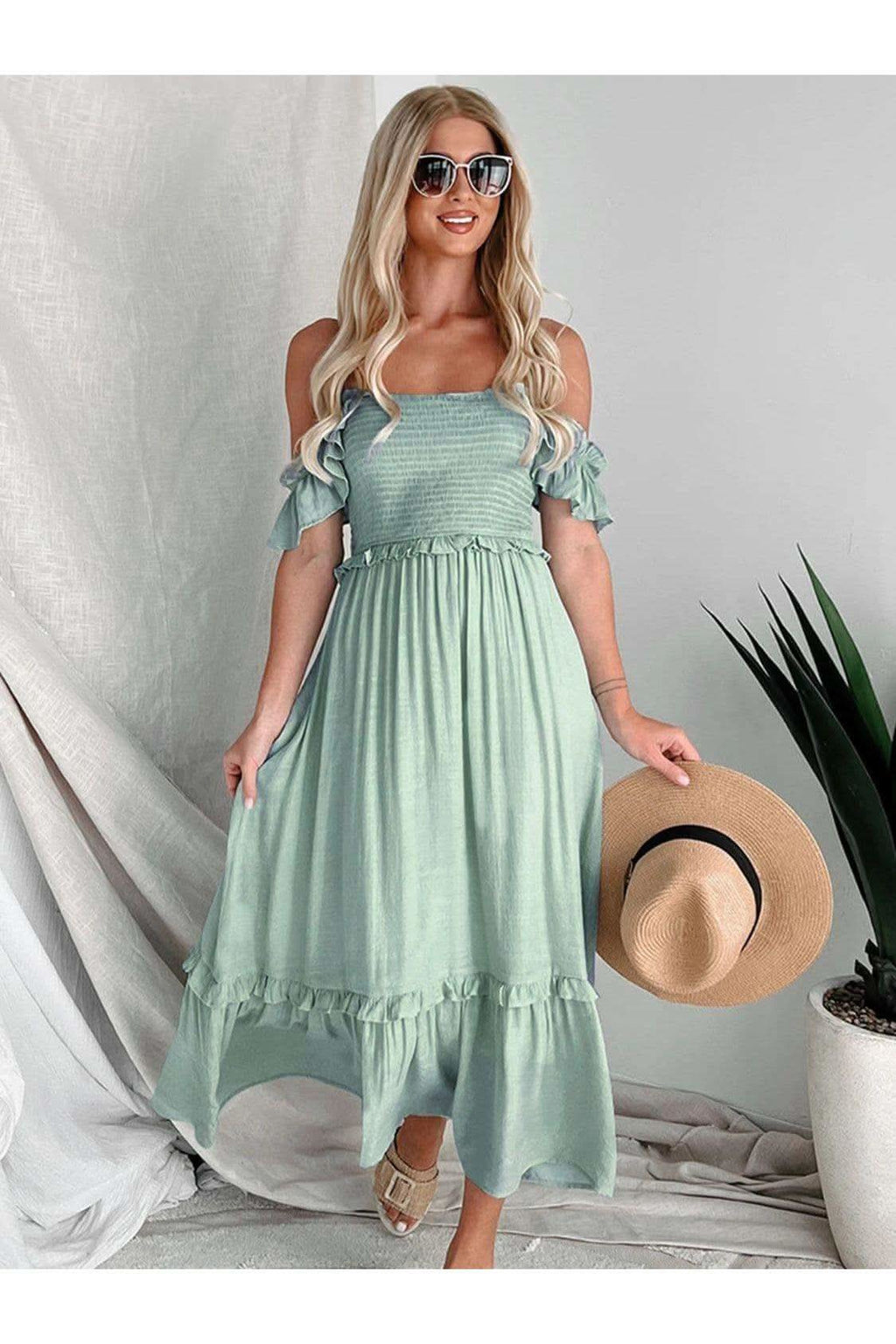 Andrea Frill Smocked Off-Shoulder Ruffle Sleeve Dress - SwagglyLife Home & Fashion