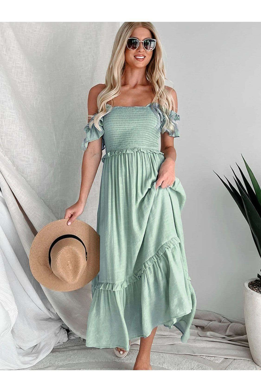 Andrea Frill Smocked Off-Shoulder Ruffle Sleeve Dress - SwagglyLife Home & Fashion
