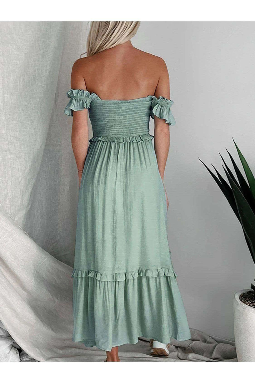 Andrea Frill Smocked Off-Shoulder Ruffle Sleeve Dress - SwagglyLife Home & Fashion
