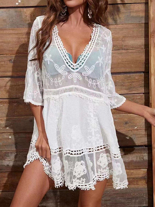 Andrea Lace Detail Plunge Cover-Up Dress in White One Size - Swimwear photo