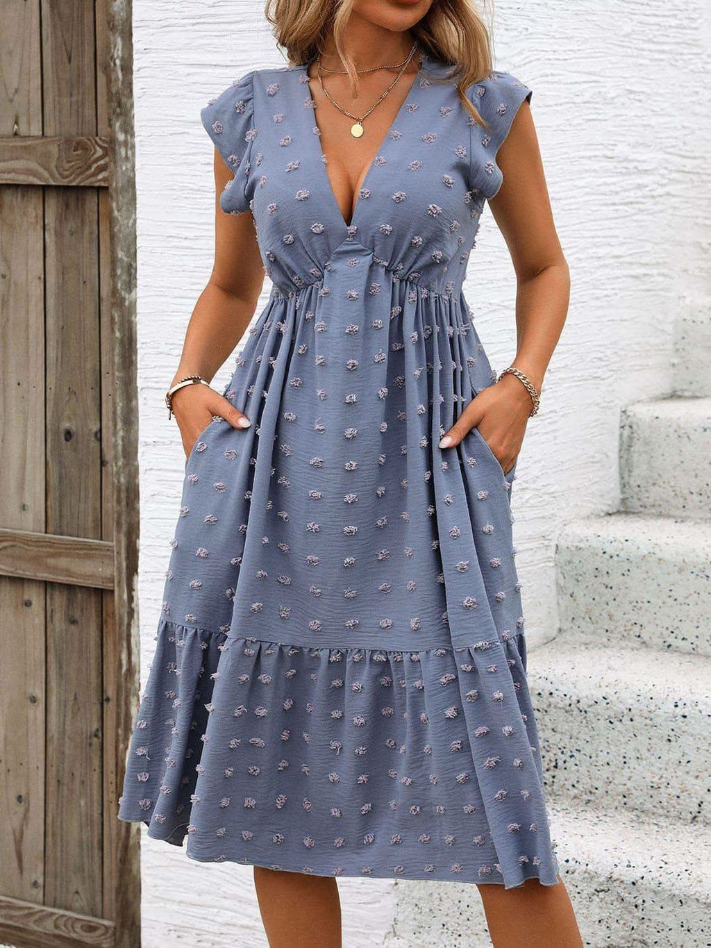 Annie Swiss Dot V-Neck Cap Sleeve Dress - SwagglyLife Home & Fashion