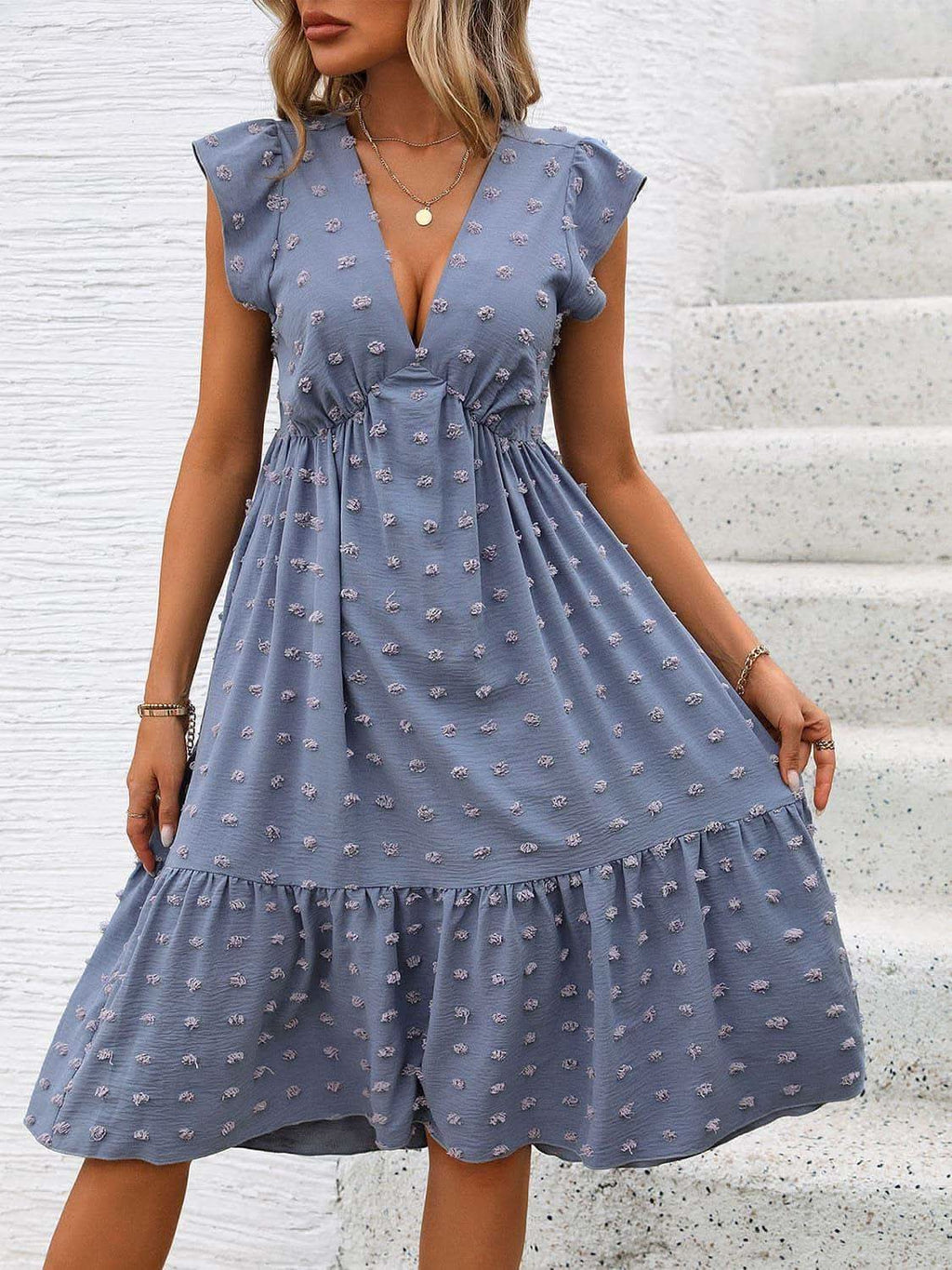 Annie Swiss Dot V-Neck Cap Sleeve Dress - SwagglyLife Home & Fashion