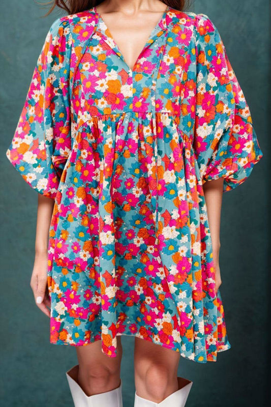 Aria Floral Tie Neck Puff Sleeve Mini Dress in - Mini Dresses photo