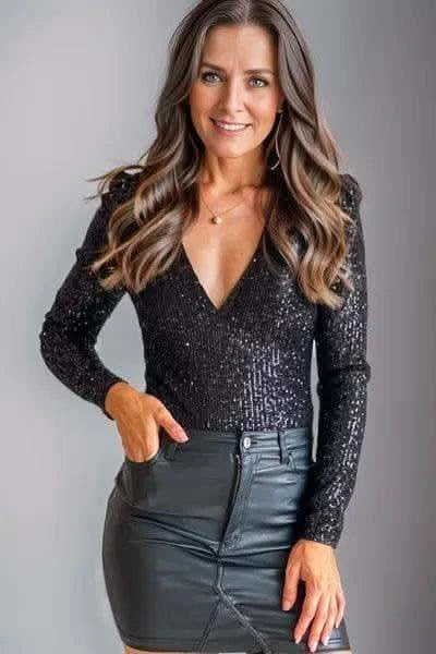 Sequin V-Neck Long Sleeve Bodysuit - SwagglyLife Home & Fashion