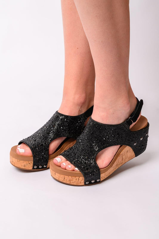 Ashley Wedge Sandals in Black Rhinestone - SwagglyLife Home & Fashion